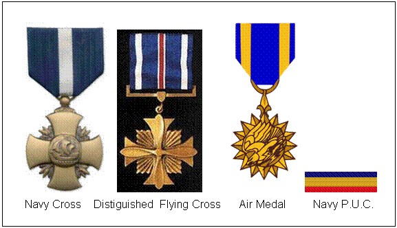 Text Box:                    
Navy Cross	 Distiguished  Flying Cross      Air Medal         Navy P.U.C.


